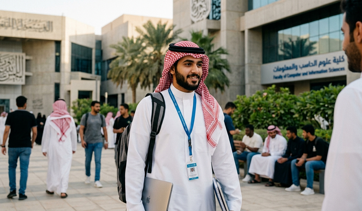 طالب جامعي داخل الحرم الجامعي يحمل حقيبة ولابتوب
